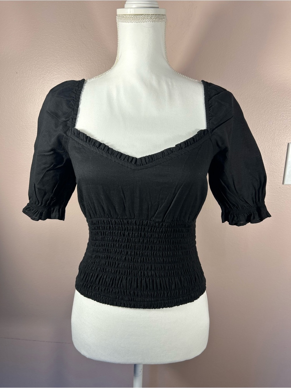 Abercrombie & Fitch Black Smocked Square Neck Puff Sleeve Top